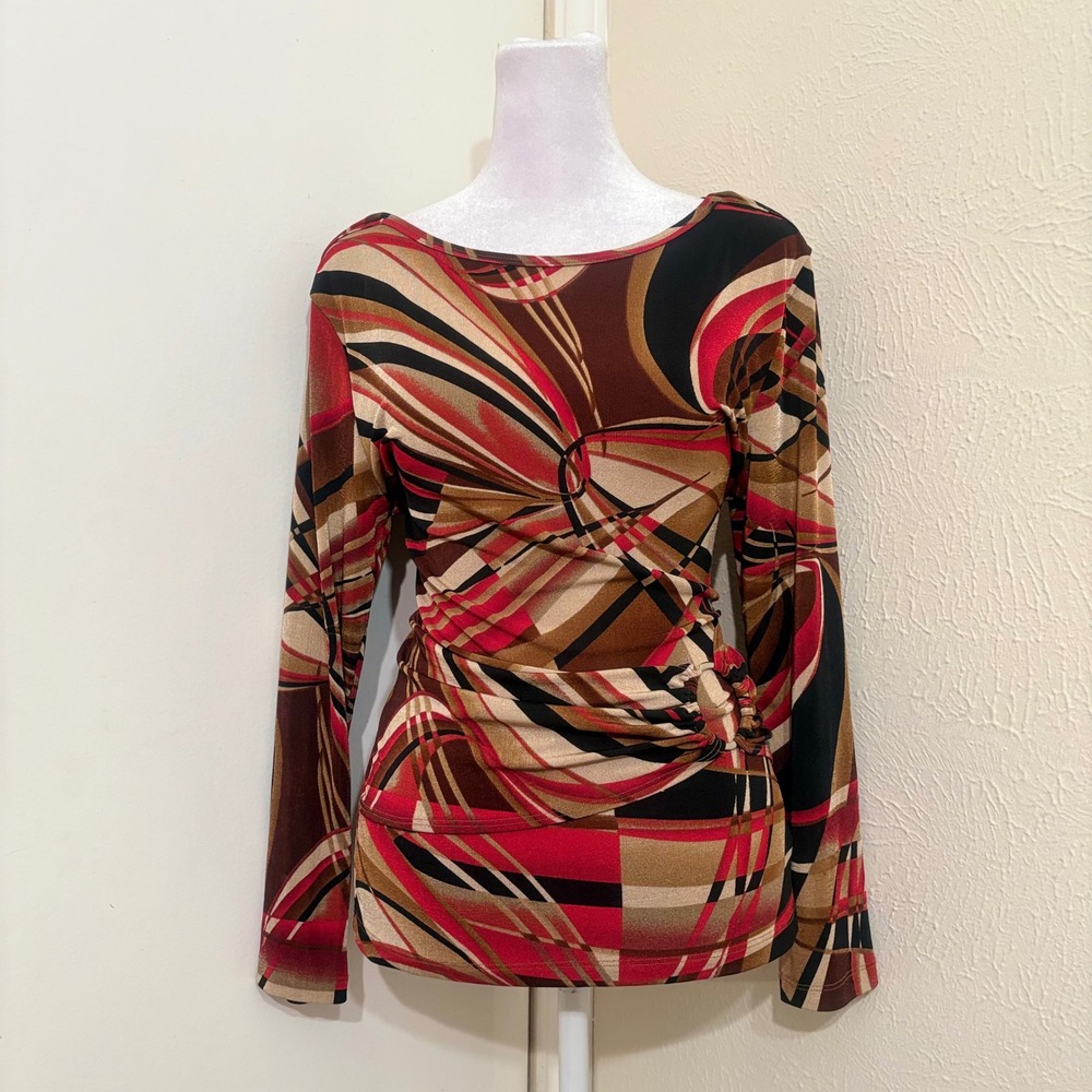 90s Red Tan Rustic Abstract Geometric Grunge Swirl Long Sleeve Ring Ruched Top M